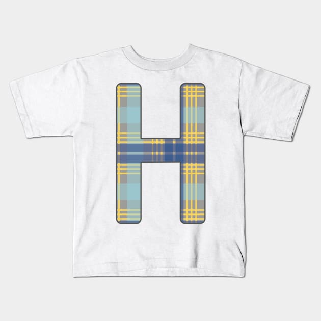 Monogram Letter H, Blue, Yellow and Grey Scottish Tartan Style Typography Design Kids T-Shirt by MacPean